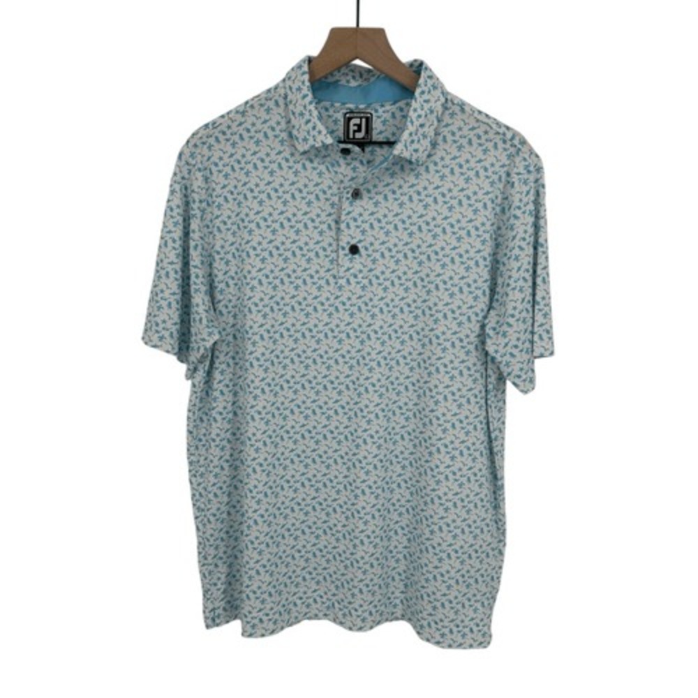 FootJoy Tropical Vacation Print Polo Shirt Mens Large Blue White Stretch Active